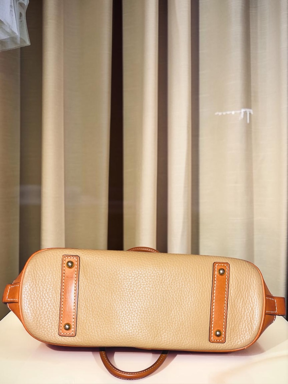 Title:Dooney & Bourke Pebble Grain Zip Zip Satchel Tan Brown Dome Bag - Picture 11 of 17